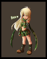 1girl blonde_hair boots bra_strap breasts brown_background brown_boots camouflage camouflage_scarf camouflage_shorts character_name commentary elbow_gloves english_commentary fingerless_gloves full_body gloves green_eyes green_gloves green_scarf green_shorts green_tube_top heart long_hair looking_at_viewer medium_breasts midriff navel one_eye_closed open_mouth ragnarok_online ranger_(ragnarok_online) scarf shorts simple_background smile solo standing strapless tube_top v warlockfier