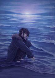 1boy barefoot black_hair black_pants blue_jacket cigarette closed_mouth commentary_request earrings from_side full_body full_moon fur-trimmed_hood fur_trim hair_between_eyes half_updo hand_on_own_face highres holding holding_cigarette hood hooded_jacket in_water jacket jewelry looking_at_viewer male_focus medium_hair moon moonlight mountainous_horizon moxamog ocean original outdoors pants ponytail purple_eyes smoke solo squatting stud_earrings toes