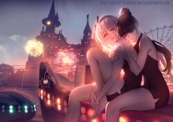 2b_(nier:automata) 2girls amusement_park artist_logo barefoot black_hair blue_eyes blunt_bangs breasts cherry_in_the_sun commentary dress eve_(stellar_blade) fireworks grey_hair leaning_on_person logo long_hair mole mole_under_mouth multiple_girls nier_(series) outdoors paid_reward_available ponytail short_hair sitting sky sleeveless sleeveless_dress smile stellar_blade