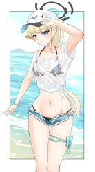 1girl absurdres alternate_costume alternate_hairstyle baseball_cap bikini bikini_under_clothes black_bikini blonde_hair blue_archive blue_eyes blue_halo blush closed_mouth denim denim_shorts halo hat highres long_hair looking_at_viewer navel negiroppon open_clothes open_shorts ponytail see-through_clothes see-through_shirt shirt short_shorts short_sleeves shorts smile solo stomach swimsuit t-shirt tied_shirt toki_(blue_archive) white_hat