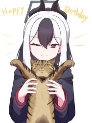 1girl ;) absurdres animal black_hair black_hoodie black_horns blue_archive bright_pupils cat commentary_request demon_horns double-parted_bangs english_text grey_halo hair_between_eyes halo happy_birthday head_tilt highres holding holding_animal holding_cat hood hood_down hoodie horns kayoko_(blue_archive) long_hair momoenoekaki multicolored_hair one_eye_closed red_eyes smile solo two-tone_hair upper_body white_background white_hair white_pupils