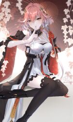 Rule 34 | 1girl, absurdres, bad id, bad pixiv id, bare shoulders, black collar, black jacket, black shoes, black sleeves, black thighhighs, braid, breasts, bright pupils, changli (wuthering waves), closed mouth, collar, colored extremities, commentary request, detached sleeves, dress, hair extensions, hair ornament, high heels, highres, holding, holding umbrella, index finger raised, jacket, large breasts, long hair, multicolored hair, oil-paper umbrella, pink hair, red hands, red umbrella, reikumozaki, ring hair extensions, shoes, short sleeves, signature, smile, solo, thigh strap, thighhighs, thighs, twin braids, two-tone hair, umbrella, very long hair, white dress, white hair, white pupils, wuthering waves, yellow eyes