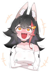 1girl :3 @_@ animal_ear_fluff animal_ears arms_under_breasts bare_shoulders black_hair blush breasts choker collarbone crossed_arms fangs full-face_blush highres hololive kani_bonara large_breasts laughing long_sleeves narrowed_eyes off-shoulder_shirt off_shoulder ookami_mio ookami_mio_(casual) open_mouth orange_eyes paw_print shirt simple_background smile solo taut_clothes taut_shirt tearing_up tears upper_body virtual_youtuber white_background wolf_ears wolf_girl