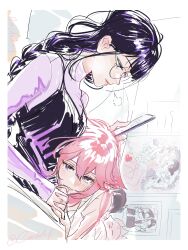 Rule 34 | 2girls, absurdres, black camisole, blush, camisole, casdela1, cellphone, closed mouth, commentary, contemporary, english commentary, genshin impact, glasses, heart, highres, holding, holding hands, holding phone, jewelry, long hair, looking at viewer, lying on person, multiple girls, parted lips, phone, pink hair, purple eyes, purple hair, purple shirt, raiden shogun, ring, shirt, smartphone, smile, wedding ring, wife and wife, yae miko, yuri