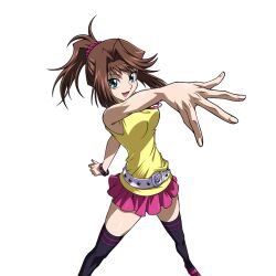 1girl armpits bare_shoulders belt blue_eyes bracelet breasts brown_hair jewelry legs mazaki_anzu medium_breasts miniskirt official_art one_eye_closed open_mouth ponytail scrunchie skirt smile tight_clothes yu-gi-oh! yu-gi-oh!_duel_links yu-gi-oh!_the_dark_side_of_dimensions