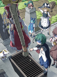 6+girls animal_nose apron bare_shoulders black_hat black_shirt black_shoes black_vest blonde_hair blue_bow blue_dress blue_hair blue_shoes blue_shorts blue_wings bow braid brown_hair brown_sandals brown_shoes brown_socks cat cirno closed_eyes closed_mouth coin collared_shirt commentary_request contrast_collar curly_hair day detached_sleeves dress frilled_apron frilled_hair_tubes frilled_shirt_collar frilled_skirt frills goutokuji_mike goutokuji_mike_(cat) green_hair hair_tubes hakurei_reimu hat hat_bow highres holding holding_wallet horns ice ice_wings inuno_rakugaki kirisame_marisa komainu_girl komano_aunn leaning_forward long_hair multiple_girls mystia_lorelei outdoors pinafore_dress red_shirt red_skirt ribbon-trimmed_sleeves ribbon_trim sandals shirt shoes short_hair short_sleeves shorts shrine_bell sidelocks single_braid single_horn skirt skirt_set sleeveless sleeveless_dress sleeveless_shirt socks squatting standing sweatdrop touhou turn_pale vest waist_apron wallet white_apron white_bow white_shirt white_shorts white_sleeves white_socks wide_sleeves wings witch_hat wriggle_nightbug yurie_mouth