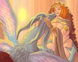 1girl bestiality breasts canon_sex dark_souls_(series) dark_souls_i dragon fromsoftware hand_on_another&#039;s_hip hetero large_breasts long_hair looking_at_another looking_up lying_on_person queen_of_sunlight_gwynevere seath_the_scaleless smile spread_legs tail