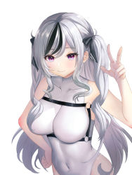 1girl absurdres azur_lane bare_arms breasts cleavage closed_mouth collarbone commentary covered_navel cowboy_shot elbe_(azur_lane) eyelashes fang grey_hair hair_ornament hair_ribbon hand_on_own_hip hand_up highleg highleg_leotard highres large_breasts leotard long_bangs long_hair looking_at_viewer multicolored_hair o-ring parted_bangs purple_eyes raurashun ribbon shadow simple_background skin_fang skin_tight sleeveless smile solo two-tone_hair two_side_up w white_background white_leotard