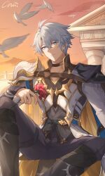 1boy absurdres antenna_hair architecture armor bird black_choker black_pants black_shirt blue_cape blue_eyes cape chinese_commentary choker chuideng coat collared_shirt commentary_request dove flower greco-roman_architecture hair_between_eyes highres holding holding_flower honkai:_star_rail honkai_(series) looking_at_viewer male_focus orange_sky pants pauldrons phainon_(honkai:_star_rail) red_flower red_rose rose shirt short_hair shoulder_armor single_pauldron sitting sky solo sun_symbol sun_tattoo tan thigh_strap white_coat white_hair