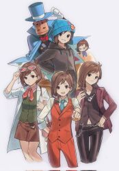 1girl ace_attorney alternate_costume antenna_hair apollo_justice apollo_justice:_ace_attorney apollo_justice_(cosplay) artistic_error badge beanie belt black_hoodie blue_cape blue_necktie blue_vest bow bowtie bracelet brown_hair brown_pants buttons cape chain chain_necklace chibi closed_eyes closed_mouth clothed_pokemon coat collared_shirt cosplay cropped_legs drawstring ema_skye ema_skye_(cosplay) eyewear_on_head gloves goggles goggles_on_head green_vest hat highres hood hood_down hoodie jacket jewelry ketaku0404 klavier_gavin klavier_gavin_(cosplay) kristoph_gavin kristoph_gavin_(cosplay) lapels long_sleeves looking_at_viewer medium_hair mr_hat_(ace_attorney) multiple_boys multiple_girls multiple_persona navel necklace necktie open_clothes open_jacket open_mouth pants phoenix_wright phoenix_wright_(cosplay) pocket ponytail puppet red_bow red_bowtie red_pants red_vest scarf shirt short_hair shorts sleeves_rolled_up smile standing sunglasses swept_bangs tailcoat teeth top_hat trucy_wright vest white-framed_eyewear white_gloves white_shirt