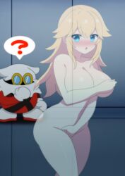 1girl ? absurdres ahoge armpits artist_request bare_arms blonde_hair blue_eyes blush breasts collarbone completely_nude covering_breasts covering_crotch covering_privates embarrassed exhibitionism eyelashes female_focus groin height_difference highres invisible legs long_hair looking_to_the_side mario_(series) medium_breasts navel neck nervous nintendo nipples nude open_mouth paper_mario paper_mario:_the_thousand_year_door parted_bangs princess_peach public_indecency public_nudity spoken_question_mark standing thighs walking x-naut