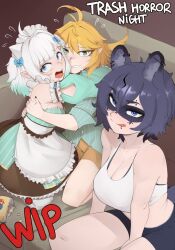 3girls :q ahoge animal_ear_piercing animal_ears antenna_hair apron aqua_hair arbuz_budesh barbell_piercing bare_arms bare_shoulders black_hair black_nails blonde_hair blue_bow blue_eyes blunt_bangs bow breasts brown_shorts chips_(food) cleavage commentary couch detached_sleeves dokibird_(vtuber) domino_mask ear_piercing english_commentary eyebrow_piercing face_piercing fang flying_sweatdrops food frilled_apron frills gradient_hair green_eyes green_shirt hair_between_eyes hair_bow highres hug indie_virtual_youtuber industrial_piercing large_breasts licking_lips lip_piercing looking_at_viewer maid maid_headdress mask mint_fantome multicolored_hair multiple_girls nail_polish on_couch piercing pinstripe_pattern pointy_ears potato_chips raccoon_ears raccoon_girl raised_eyebrow shirt short_hair shorts skin_fang snuffy_(vtuber) striped_clothes striped_shirt tongue tongue_out virtual_youtuber waist_apron white_apron white_hair