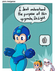 Rule 34 | 1girl, 2boys, :3, blonde hair, bow, bulge, commentary, covered navel, dr. light (mega man), english commentary, english text, erection, erection under clothes, garabato, grin, hair bow, helmet, mega man (character), mega man (classic), mega man (series), multiple boys, ponytail, roll (mega man), shared speech bubble, sidelocks, smile, speech bubble, thick thighs, thighs, thumbs up, watermark, web address, white hair, wide hips
