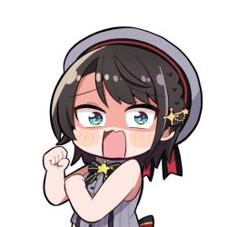 1girl back_bow black_bow black_bowtie blue_eyes blush_stickers bow bowtie brooch brown_hair chibi commentary_request cropped_shirt grey_hat grey_shirt hat high_collar hololive jewelry large_bow nabe_(nabe_otome) official_alternate_costume oozora_subaru oozora_subaru_(work) open_mouth pinstripe_pattern pinstripe_shirt sailor_hat scared shirt short_hair simple_background sleeveless sleeveless_shirt solo star_brooch swept_bangs transparent_background upper_body virtual_youtuber wavy_mouth