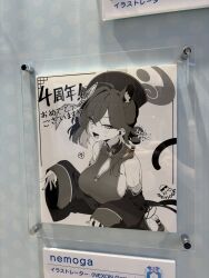 1girl animal_ears artist_name blue_archive breasts dress english_text japanese_text kaguya_(blue_archive) large_breasts looking_at_viewer monochrome nemoga photo_(medium) sleeveless sleeveless_dress solo twitter upper_body