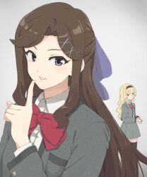 Rule 34 | &gt;:(, 2girls, black hairband, black thighhighs, blonde hair, blue bow, bow, bowtie, brown eyes, brown hair, collared shirt, commentary request, dot nose, finger to mouth, grey jacket, grey skirt, hair bow, hair ornament, hairband, hairpin, highres, jacket, long hair, long sleeves, looking at another, looking at viewer, marker (medium), medium skirt, multiple girls, multiple hairpins, open clothes, open jacket, parted bangs, purple eyes, red bow, red bowtie, saijou claudine, shiratama (hockey), shirt, shoujo kageki revue starlight, shushing, sidelocks, skirt, solo focus, steepled fingers, tendou maya, thighhighs, traditional media, v-shaped eyebrows, wavy hair, white background, white shirt, x hair ornament, zettai ryouiki