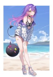 1girl beach bibi_(tokoyami_towa) bikini bikini_skirt black_bikini black_choker blue_sky breasts character_bag choker cleavage cloud colored_inner_hair day demon_girl demon_tail earrings eyewear_on_head full_body gradient_hair green_eyes green_nails highres hololive jacket jewelry leaning_forward long_hair long_sleeves looking_at_viewer multicolored_hair nail_polish o-ring o-ring_choker off_shoulder open_mouth outdoors pink_hair purple-tinted_eyewear purple_hair sa-ya2 sandals side-tie_bikini_bottom sky solo standing striped_bikini striped_clothes sunglasses swimsuit tail tinted_eyewear toenail_polish toenails toes tokoyami_towa triangle_earrings virtual_youtuber white_jacket
