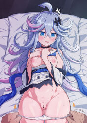 1boy 1girl arrow_(symbol) bar_censor blue_eyes blue_hair breasts breasts_out censored commentary_request commission gradient_hair hetero highres large_variant_set lying mary_skelter medium_breasts mermaid_(mary_skelter) multicolored_hair mumyou_ishi nipples on_back open_mouth panties panty_pull pov pov_hands purple_hair pussy skeb_commission textless_version underwear variant_set white_panties