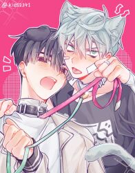 Rule 34 | 2boys, alien stage, animal ear fluff, animal ears, arm up, bandaid, bandaid on face, belt collar, black collar, black hair, black shirt, blue eyes, blush, cat boy, cat ears, cat tail, collar, collarbone, commentary, dog boy, dog ears, e/m=c, gauze, gauze on cheek, hand on another&#039;s shoulder, holding, holding leash, ivan (alien stage), jacket, jewelry, kemonomimi mode, lapels, leash, long sleeves, looking at viewer, looking to the side, male focus, multiple boys, notched lapels, open clothes, open jacket, piercing, pink background, print shirt, red eyes, ring, shirt, sideways glance, sleeves past wrists, t-shirt, tail, teeth, till (alien stage), tongue, tongue out, tongue piercing, twitter username, upper teeth only, white collar, white jacket, white shirt