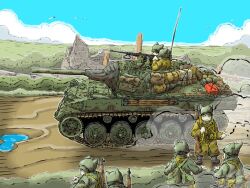 Rule 34 | 6+boys, brick wall, browning m2, cannon, cat boy, combat helmet, day, dust cloud, gun, heavy machine gun, helmet, highres, jerry can, m1 garand, m1 helmet, machine gun, military vehicle, motor vehicle, multiple boys, original, puddle, rifle, ruins, tank, vehicle focus, vehicle request, weapon, yabarn