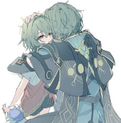 0l0za4 2boys anaxa_(honkai:_star_rail) aqua_hair back child dual_persona empty_eyes honkai:_star_rail honkai_(series) hug medium_hair multiple_boys open_mouth simple_background sketch stuffed_toy white_background