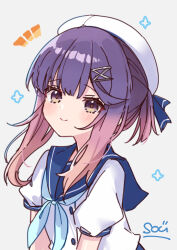 Rule 34 | 1girl, beret, blue neckerchief, blue sailor collar, blush, brown eyes, brown hair, closed mouth, commentary request, gradient hair, grey background, hair ornament, hairclip, hat, kantai collection, long hair, looking at viewer, multicolored hair, neckerchief, notice lines, puffy short sleeves, puffy sleeves, purple hair, sailor collar, shirt, short sleeves, signature, simple background, smile, solo, sou (soutennkouchi), tsushima (kancolle), upper body, white hat, white shirt