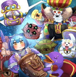 2boys 4-starred_ladybug_of_doom absurdres bird blue_hair commentary commission dog dragon_capture_jar dragon_girl dragon_horns dragon_piper duel_monster gloves hade-hane hatano_kiyoshi highres horns jar laundry_dragonmaid maid man-eater_bug_(yu-gi-oh!) mimic mimighoul_master multiple_boys penguin penguin_soldier pixiv_commission purple_gloves ryko_lightsworn_hunter skeleton struggling stuck trait_connection wa_maid yellow_eyes yu-gi-oh!