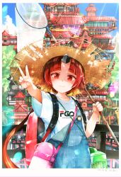 1girl architecture backpack bag beni-enma butterfly_net east_asian_architecture fate/grand_order fate_(series) gomennasai hand_net hat highres overalls red_eyes red_hair revision smile solo straw_hat summer sunlight v