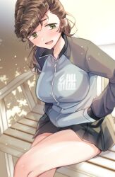1girl absurdres bench black_skirt blue_jacket brown_hair commentary crossed_legs dappled_sunlight day girls_und_panzer green_eyes hands_in_pockets highres jacket keizoku_military_uniform koyama_harutarou long_hair long_sleeves looking_at_viewer military_uniform miniskirt on_bench open_mouth outdoors park_bench pleated_skirt pompadour raglan_sleeves sitting skirt smile solo sunlight track_jacket yuri_(girls_und_panzer)