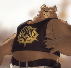 1boy animal_ears bara bear_boy bear_ears belly belt ben_bigger biceps black_belt black_tank_top brown_fur claws clenched_teeth commentary english_commentary fat furry furry_male highres looking_at_viewer male_focus midriff_peek nipple_slip nipples notched_ear pants pawpads plump scar scar_across_eye scar_on_face tank_top teeth thadj_20 white_pants zenless_zone_zero