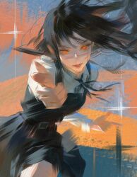 Rule 34 | 1girl, absurdres, black dress, black hair, chainsaw man, commentary, dress, facial scar, fourth east high school uniform, highres, long hair, nyte tyde, pinafore dress, pointing, pointing at viewer, ringed eyes, scar, scar on cheek, scar on face, scar on nose, school uniform, shirt, sleeveless, sleeveless dress, solo, white shirt, yellow eyes, yoru (chainsaw man)