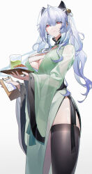 1girl absurdres black_thighhighs breasts chinese_commentary clipboard closed_mouth commentary_request cross cross_earrings dress ear_covers earclip earrings extra_ears green_dress green_tea grey_hair hair_ribbon highres holding holding_clipboard holding_tray jewelry large_breasts light_smile long_hair long_sleeves looking_at_viewer mole mole_on_breast mole_under_mouth original red_eyes ribbon side_slit simple_background single_earring solo tea thighhighs tray white_background white_ribbon wide_sleeves yushe_quetzalli
