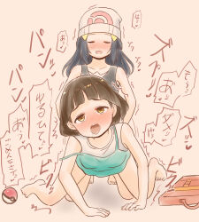 1futa 1girl azumanishiki backpack bag barefoot beanie black_shirt blue_hair brown_hair dawn_(pokemon) doggystyle feet flat_chest futa_with_female futanari hat implied_futanari implied_sex loli medium_hair nintendo npc_trainer poke_ball pokemon pokemon_dppt school_kid_(pokemon) sex sex_from_behind shirt short_hair translation_request white_hat yuri