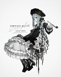 Rule 34 | 1girl, belt, beret, black dress, bonnet, dress, drill hair, frilled dress, frilled hairband, frilled sleeves, frills, full body, goth fashion, gothic lolita, green eyes, green hair, hairband, hat, highres, holding, holding smoking pipe, juliet sleeves, lolita fashion, lolita hairband, long hair, long sleeves, metal flower, multiple belts, original, puffy sleeves, ribbon, side ponytail, simple background, sitting, smoking pipe, solo, swept bangs, twin drills, yeegico