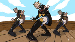 Rule 34 | 3boys, animal ears, backless jacket, backless outfit, beard, blonde hair, blue eyes, boots, brown eyes, dark skin, dated, elsam (granblue fantasy), erune, facial hair, fingerless gloves, gloves, granblue fantasy, grey hair, highres, jojo no kimyou na bouken, jojo pose, knee boots, lace-up boots, lowain (granblue fantasy), multiple boys, open mouth, outdoors, pants, parody, short hair, sidelocks, t4l3n0, tomoi (granblue fantasy), torture dance, vento aureo