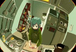 1girl animal animated animated_gif blue_hair cooking cutting cutting_board dog female_focus fisheye foreshortening indoors knife ladle motocross_saito original pixel_art pot refrigerator sink slice_of_life solo spatula