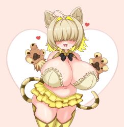 1girl ahoge animal_ears animal_hands bare_shoulders bell blonde_hair blush bow bowtie breasts cat_ears cat_girl cat_tail cheshire_cat_(monster_girl_encyclopedia) cheshire_cat_(monster_girl_encyclopedia)_(cosplay) claw_pose claws cleavage commentary_request cosplay cowboy_shot crossover dot_nose elegg_(nikke) facing_viewer female_focus gloves goddess_of_victory:_nikke hair_intakes hair_over_eyes heart heart_background hidden_eyes highres huge_breasts jingle_bell long_bangs medium_hair miniskirt monster_girl_encyclopedia monster_girl_encyclopedia_ii multicolored_hair nav_(itsnav) navel neck_bell open_mouth paw_pose pleated_skirt plump skirt solo striped_tail tail thick_thighs thighhighs thighs two-tone_hair w_arms white_background yellow_skirt yellow_thighhighs