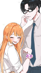 1boy 1girl ^_^ black-framed_eyewear black_hair blush cheek_pinching closed_eyes commentary_request fingernails gakuen_idolmaster glasses hetero highres idolmaster kasasagi_(futagodori888) laughing mole mole_under_eye nail_polish necktie orange_hair pinching producer_(idolmaster) scrunchie shirt shiun_sumika simple_background smile upper_body white_background white_shirt wrist_scrunchie