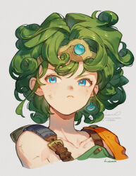 1girl averting_eyes blue_eyes blue_gemstone character_ear_piercing circlet cropped_shoulders curly_hair dragon_quest dragon_quest_iv earrings forehead_jewel frown gem gold_circlet green_hair herayoshi heroine_(dq4) highres jewelry scratches short_hair shoulder_strap single_bare_shoulder single_earring solo tomboy v-shaped_eyebrows