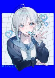 1girl bandaid bandaid_on_hand blue_eyes blush candy commentary_request cropped_torso dot_nose earrings eating flower food grey_hair heart highres holding holding_candy holding_food holding_lollipop jewelry lollipop looking_at_viewer miwano_rag necktie original pixel_heart pixelated sailor_collar solo teeth upper_teeth_only white_flower