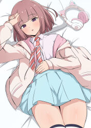 1girl absurdres animal_ear_headphones animal_ears blue_eyes blue_skirt blunt_bangs bob_cut brown_hair cat_ear_headphones commentary_request diagonal-striped_clothes diagonal-striped_necktie fake_animal_ears head_on_pillow headphones highres hood hoodie ikizulive!_love_live!_bluebird looking_at_viewer love_live! lying necktie on_back on_bed open_mouth orange_necktie pillow pink_hoodie sasaki_shion shirt short_hair skirt solo striped_clothes thighhighs white_shirt zanpon