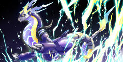 Rule 34 | absurdres, claws, closed mouth, commentary request, electricity, fish.boy, from side, highres, miraidon, nintendo, no humans, pokemon, pokemon (creature), smile, solo, sparkle, yellow eyes