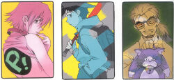 Rule 34 | 1girl, 2boys, backpack, bag, baseball bat, beard, cat, collar, facial hair, father and son, flcl, glasses, haruhara haruko, highres, miyu miyu, multiple boys, mustache, nandaba kamon, nandaba naota, official art, sadamoto yoshiyuki, short hair, the pillows, yellow background