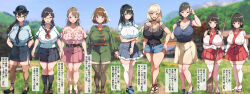 6+girls absurdres arm_under_breasts arms_at_sides belt black_choker black_hair black_sailor_collar black_shirt black_skirt blue_eyes blue_shirt blue_skirt blunt_bangs blurry blurry_background bracelet braid breasts broom brown_hair brown_skirt choker cleavage collarbone collared_shirt curvy day frilled_shirt frills full_body glasses green_eyes green_shirt green_skirt grey_skirt hair_ornament hair_scrunchie hairclip hat high_heels highres holding holding_broom house japanese_clothes jewelry kimono large_breasts long_hair long_sleeves mature_female miko mountainous_horizon multiple_girls original outdoors pencil_skirt pink_shirt pink_skirt pleated_skirt plump purple_eyes red_eyes red_skirt rural sailor_collar school_uniform scrunchie shirt short_sleeves skirt smile standing translation_request white_kimono white_shirt yac_(mokkori) yellow_eyes