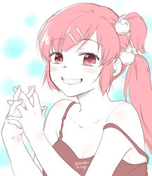 Rule 34 | 1girl, artist name, camisole, dated, grin, hair bobbles, hair ornament, hairclip, own hands clasped, little busters!, long hair, looking at viewer, misaki juri, monochrome, own hands together, saigusa haruka, side ponytail, smile, solo, spot color, strap slip, upper body