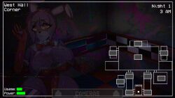 1girl animal_ears animatronic bonnie_(fnaf) bow bowtie breasts camera chica cleavage clock collar colored_skin commentary elbow_gloves english_commentary english_text five_nights_at_freddy&#039;s five_nights_in_anime:_after_hours_(fangame) five_nights_in_anime_(fangame) furry furry_female game_screenshot gameplay_mechanics genderswap genderswap_(mtf) gloves hairband highres huge_breasts large_breasts leotard non-web_source playboy_bunny purple_hair rabbit_tail red_bow red_bowtie red_eyes red_gloves red_hairband red_leotard screencap shiny_skin short_hair smile solo spray_paint static strapless strapless_leotard tail undressing video_game