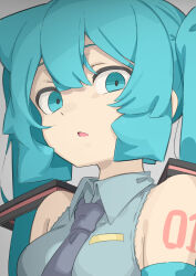 abmayo arm_tattoo armpit_crease bare_shoulders blue_eyes blue_hair detached_sleeves disgust hair_ornament hatsune_miku highres long_hair looking_at_viewer necktie open_mouth shaded_face tattoo
