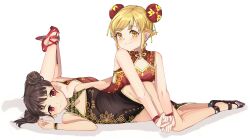 2girls alternate_costume bare_hips bare_legs black_dress black_hair black_shoes blonde_hair blush china_dress chinese_clothes cleavage_cutout closed_mouth clothing_cutout collarbone dot_nose double_bun dress eyebrows_hidden_by_hair feet_up female_focus full_body hachikuji_mayoi hair_bun high_heels loli looking_at_viewer lying matching_hair/eyes meemz_a monogatari_(series) multiple_girls naughty_face on_side on_stomach oshino_shinobu pelvic_curtain pointy_ears red_eyes red_shoes shoes short_hair simple_background sleeveless sleeveless_dress smile two-tone_dress vampire white_background yellow_dress yellow_eyes