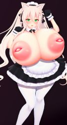 1girl 3d absurdres animal_ear_fluff animal_ears blonde_hair breasts breasts_out cat_ears cat_girl dark_background gigantic_breasts gloves green_eyes highres inverted_nipples long_hair maid open_mouth
