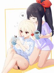 2girls absurdres ahoge bite_mark bite_mark_on_thigh black_hair black_panties blonde_hair bow breasts closed_eyes coffee coffee_mug cup dress_shirt edgar_syu hair_bow hair_ribbon heart hickey highres holding holding_cup inoue_takina kissing_head large_breasts long_hair low_twintails lycoris_recoil medium_breasts mug multiple_girls nishikigi_chisato open_mouth panties pink_shirt ponytail purple_eyes red_bow red_eyes red_ribbon ribbon shirt short_hair short_twintails speech_bubble spoken_heart three-quarter_sleeves twintails twitter_username underwear white_shirt yuri